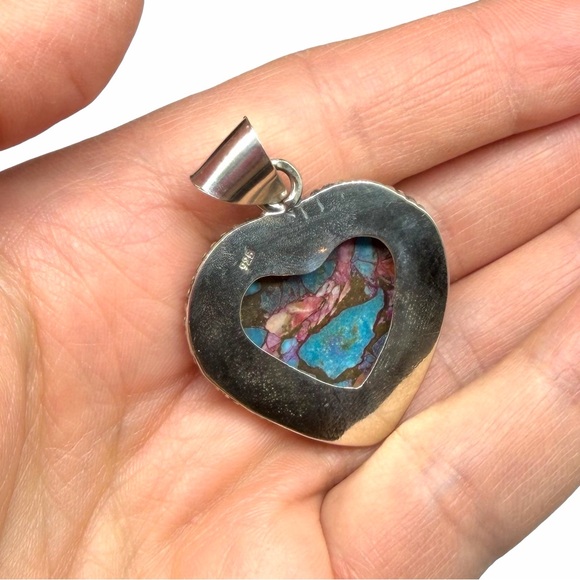 Kingman Pink Dahlia Turquoise Heart Necklace Pendant Solid 925 Sterling Silver - Picture 3 of 3